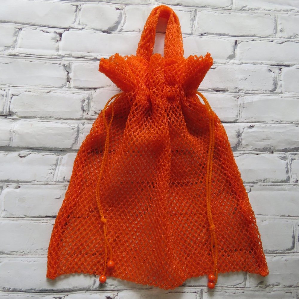 Vintage 1970s Orange Mesh Plastic Tote Bag With Drawstring
